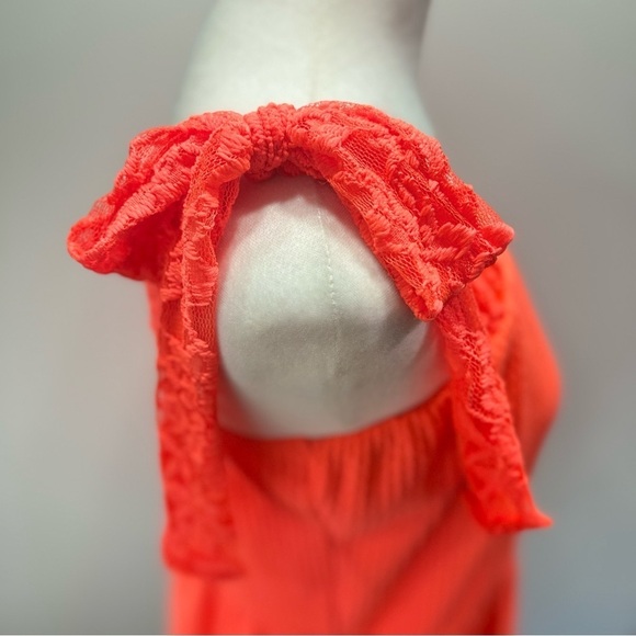 BiBi Fluorescent Orange Waffle Knit Lace Bow Straps Babydoll Ruffle Tank Top - Picture 10 of 12